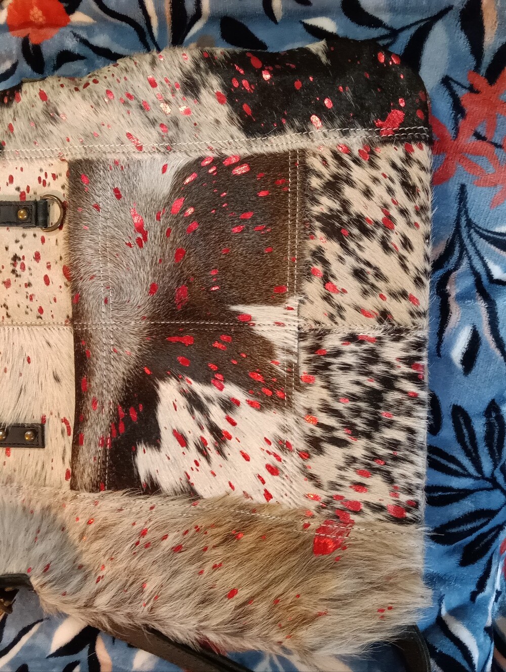 Speckled Hair-on-Hide Tote with Red Paint Splatter
